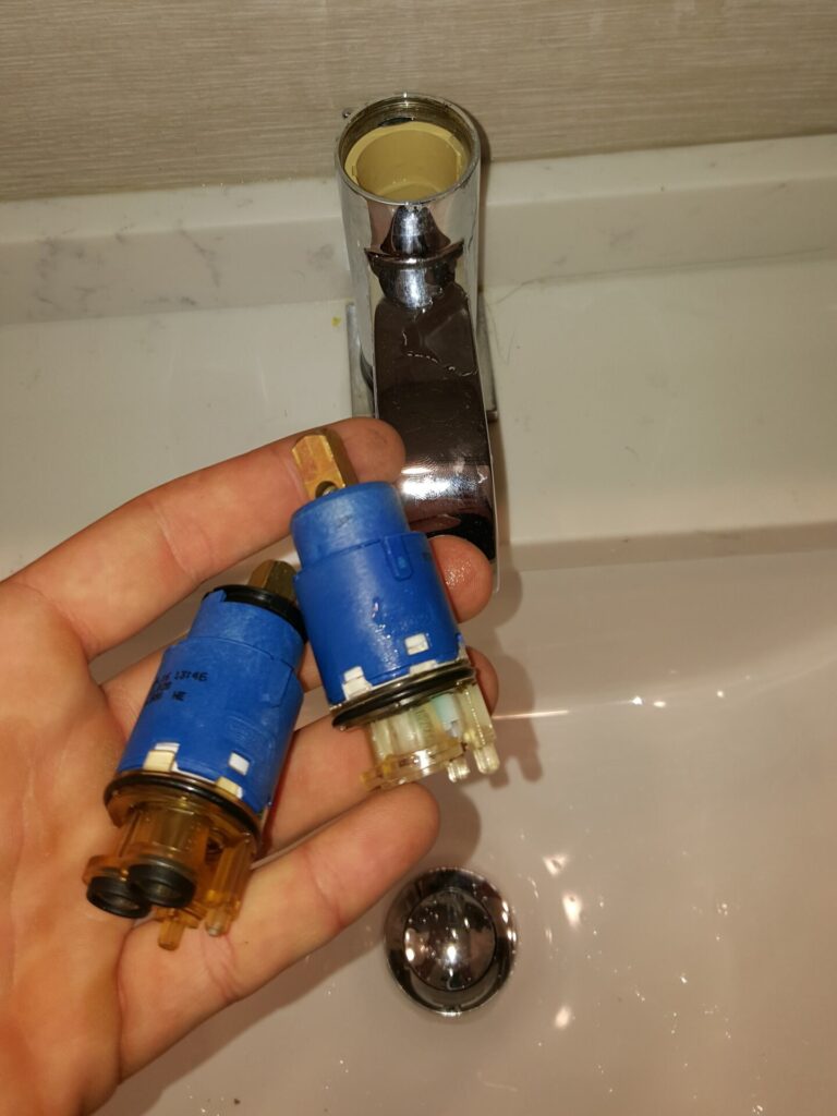 holding blue lavatory cartridges over porcelain sink